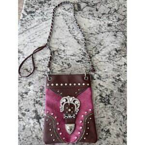 Rhinestone Bling Buckle Pink/Brown Crossbody Bag Purse Y2k Western Cowgirl